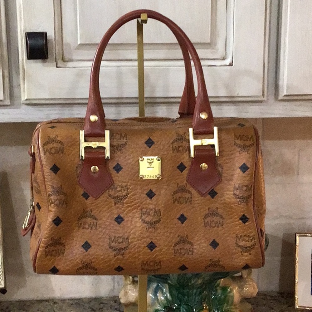 MCM Cognac Visetos Handbag with D rings for crossbody & COA